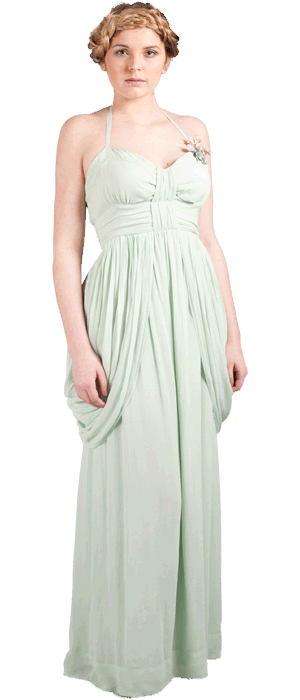 
Emma maxi 
(shown with vintage posey broach) 
Fabric; 100% viscose georgette. 
U.K sizes: 8-16
Colours: cucumber green, mink, sky blue, venice green, soft coral, cloudy lilac, palma violet, spearmint. 
Styling and customising option: Wear the drape sides on the shoulder for a Grecian look or add a Jenny Jacket & our vintage posey flowers for a vintage feel. 
